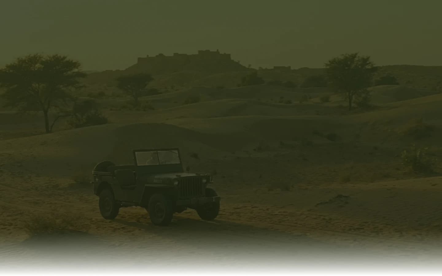Vintage Willys Jeep on a Rajasthan safari trail at golden hour